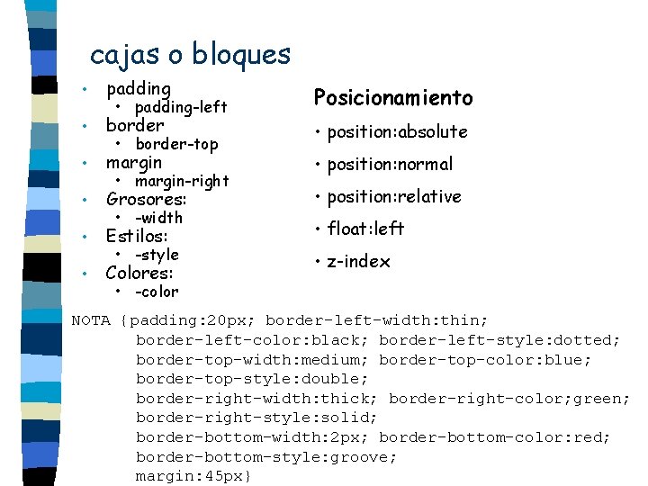 cajas o bloques • padding Posicionamiento • border • position: absolute • margin • cajas o bloques • padding Posicionamiento • border • position: absolute • margin •