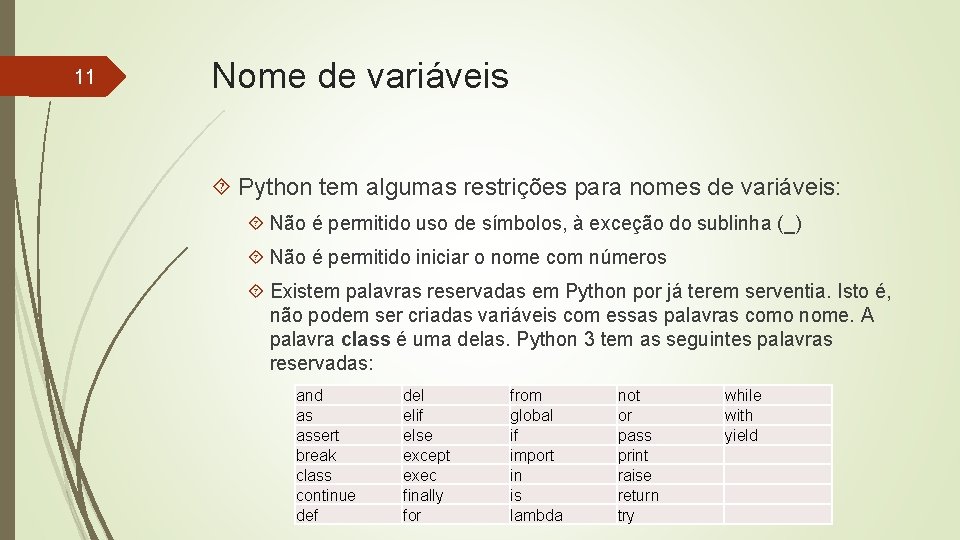 11 Nome de variáveis Python tem algumas restrições para nomes de variáveis: Não é