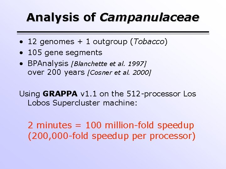 Analysis of Campanulaceae • 12 genomes + 1 outgroup (Tobacco) • 105 gene segments