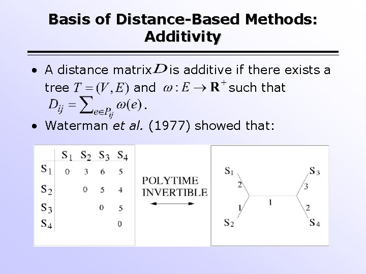 Basis of Distance-Based Methods: Additivity • A distance matrix tree and. is additive if