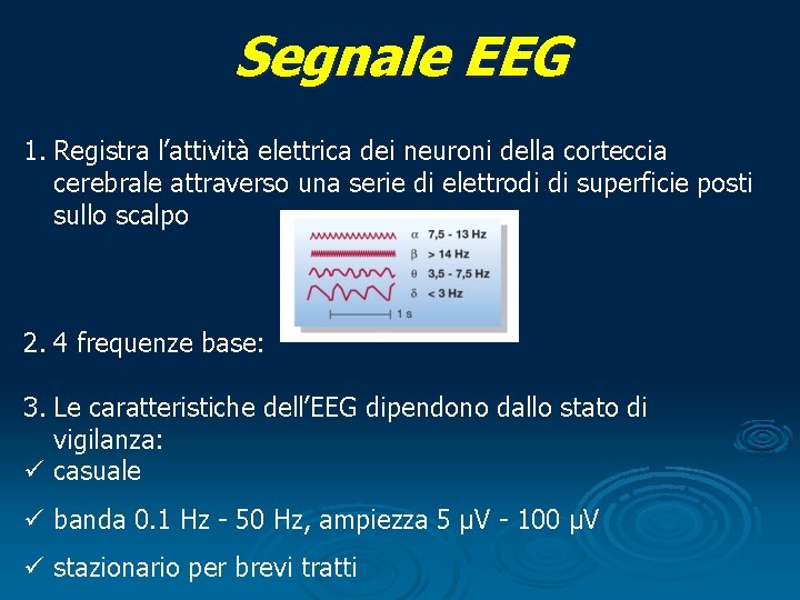 Segnale EEG 1. Registra l’attività elettrica dei neuroni della corteccia cerebrale attraverso una serie