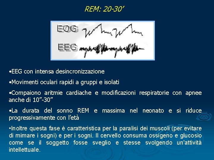 REM: 20 -30’ • EEG con intensa desincronizzazione • Movimenti oculari rapidi a gruppi