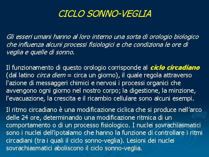 CICLO SONNO-VEGLIA Gli esseri umani hanno al loro interno una sorta di orologio biologico