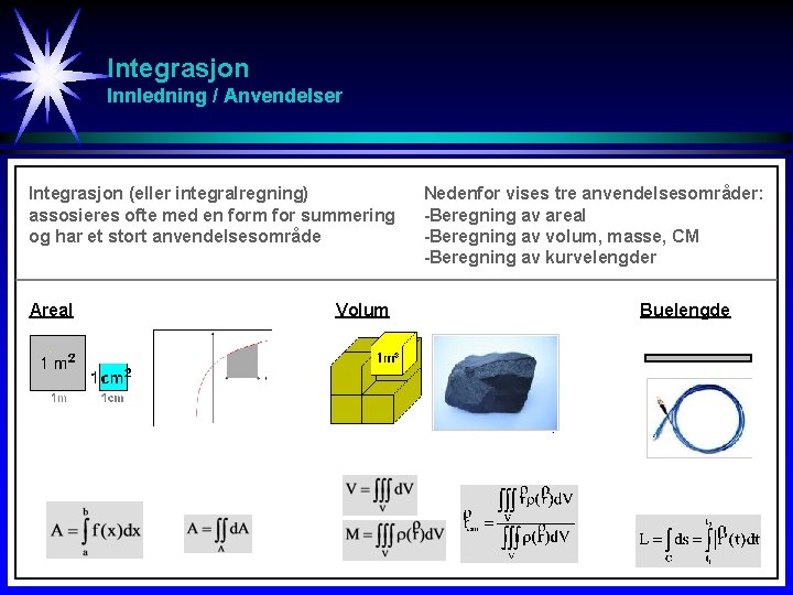 Integrasjon Innledning / Anvendelser Integrasjon (eller integralregning) assosieres ofte med en form for summering