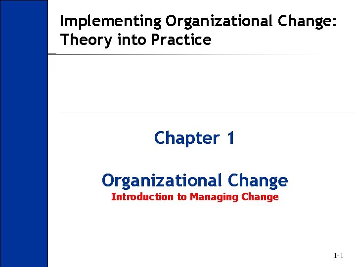 Implementing Organizational Change: Theory into Practice Chapter 1 Organizational Change Introduction to Managing Change
