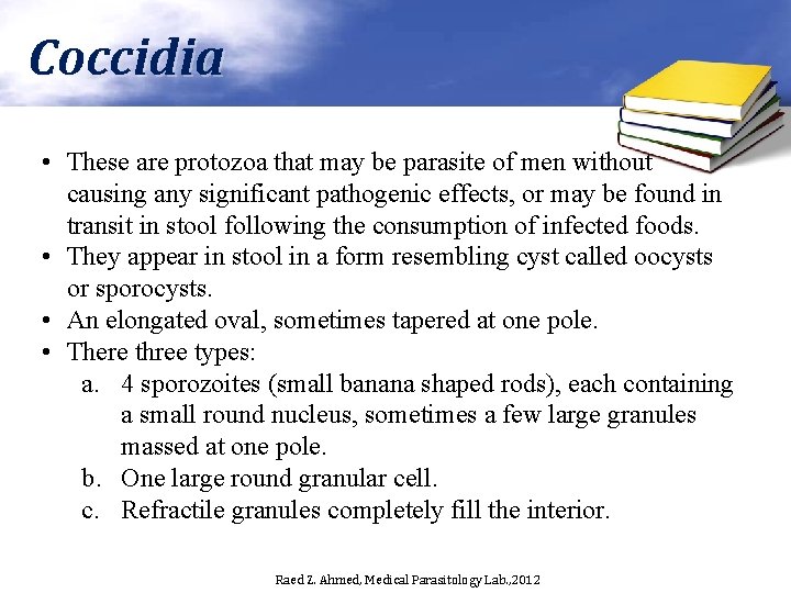 Coccidia • These are protozoa that may be parasite of men without causing any