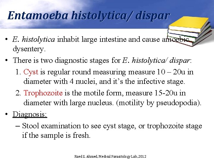 Entamoeba histolytica/ dispar • E. histolytica inhabit large intestine and cause amoebic dysentery. •