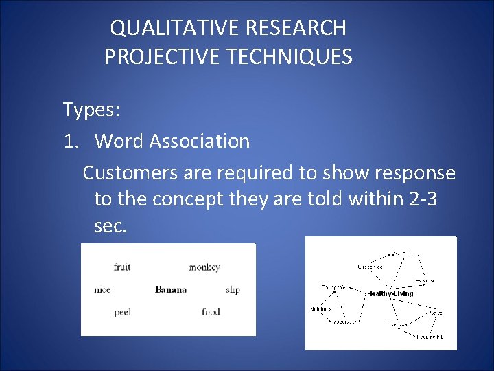 QUALITATIVE RESEARCH PROJECTIVE TECHNIQUES Types: 1. Word Association Customers are required to show response