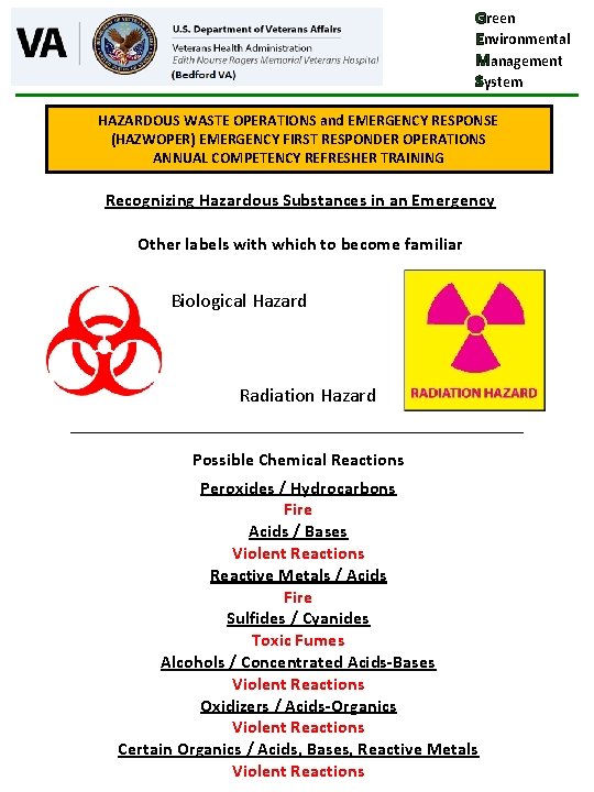 Green Environmental Management System HAZARDOUS WASTE OPERATIONS and EMERGENCY RESPONSE (HAZWOPER) EMERGENCY FIRST RESPONDER Green Environmental Management System HAZARDOUS WASTE OPERATIONS and EMERGENCY RESPONSE (HAZWOPER) EMERGENCY FIRST RESPONDER