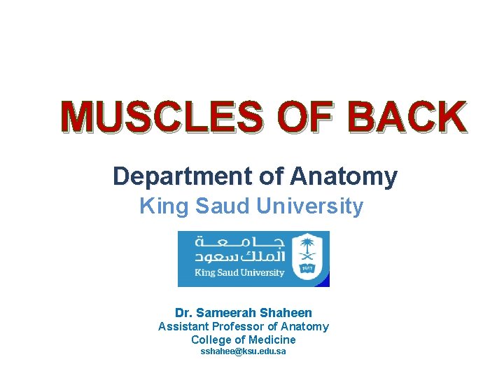 MUSCLES OF BACK Department of Anatomy King Saud University Dr. Sameerah Shaheen Assistant Professor