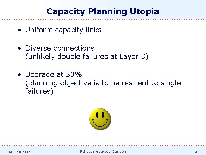 Capacity Planning Utopia • Uniform capacity links • Diverse connections (unlikely double failures at