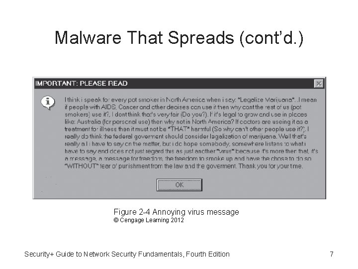 Malware That Spreads (cont’d. ) Figure 2 -4 Annoying virus message © Cengage Learning