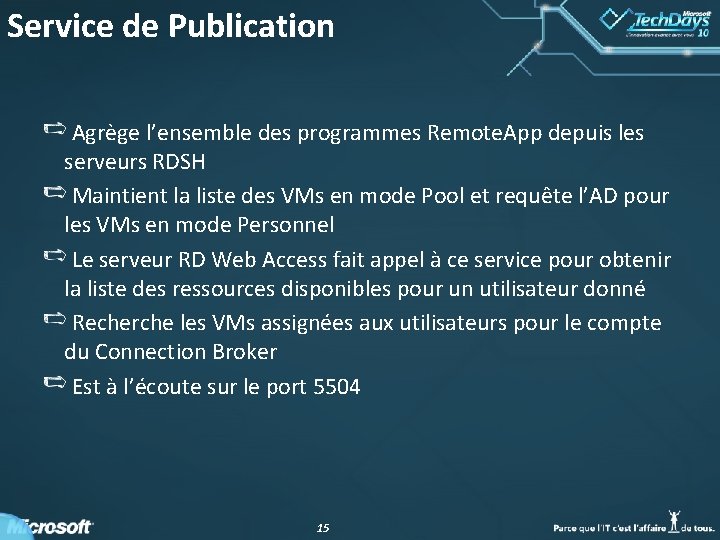 Service de Publication Agrège l’ensemble des programmes Remote. App depuis les serveurs RDSH Maintient Service de Publication Agrège l’ensemble des programmes Remote. App depuis les serveurs RDSH Maintient