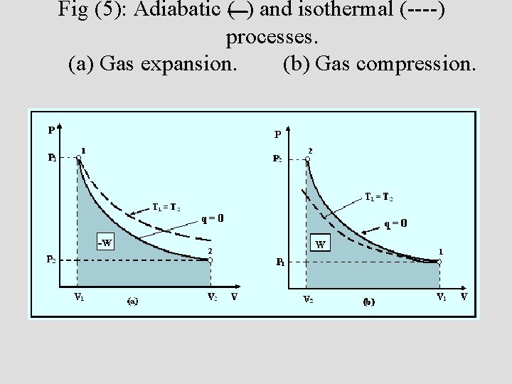 Fig (5): Adiabatic ( ) and isothermal (----) processes. (a) Gas expansion. (b) Gas