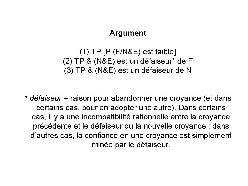 Argument (1) TP [P (F/N&E) est faible] (2) TP & (N&E) est un défaiseur*