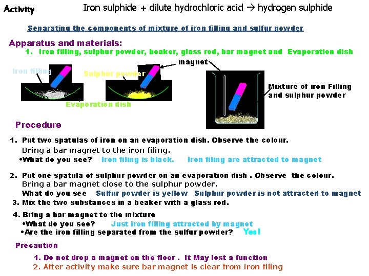 Activity Iron sulphide + dilute hydrochloric acid hydrogen sulphide Separating the components of mixture Activity Iron sulphide + dilute hydrochloric acid hydrogen sulphide Separating the components of mixture