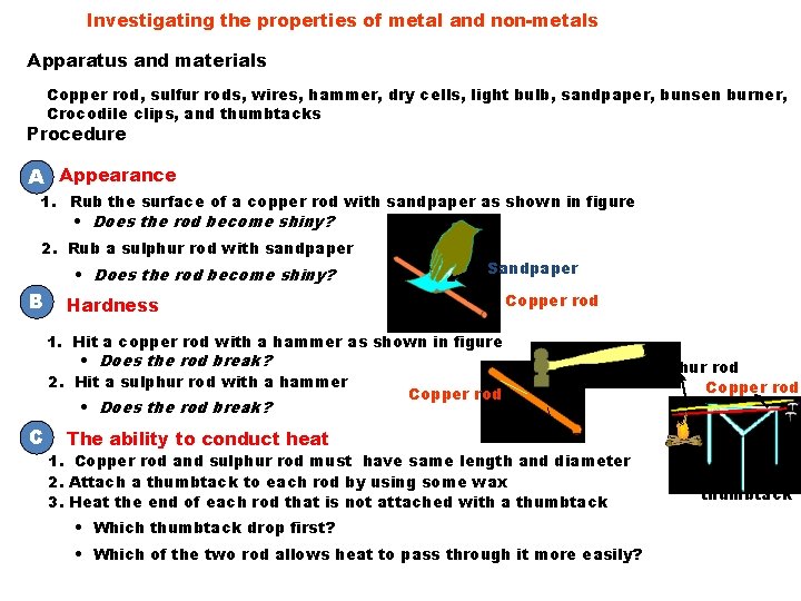 Investigating the properties of metal and non-metals Apparatus and materials Copper rod, sulfur rods, Investigating the properties of metal and non-metals Apparatus and materials Copper rod, sulfur rods,