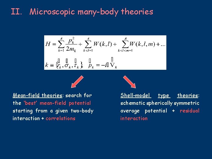 II. Microscopic many-body theories Mean-field theories: search for the ‘best’ mean-field potential starting from