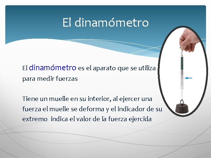 El dinamómetro es el aparato que se utiliza para medir fuerzas Tiene un muelle El dinamómetro es el aparato que se utiliza para medir fuerzas Tiene un muelle