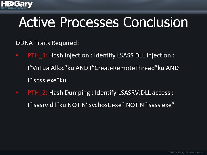 Active Processes Conclusion DDNA Traits Required: • PTH_1: Hash Injection : Identify LSASS DLL