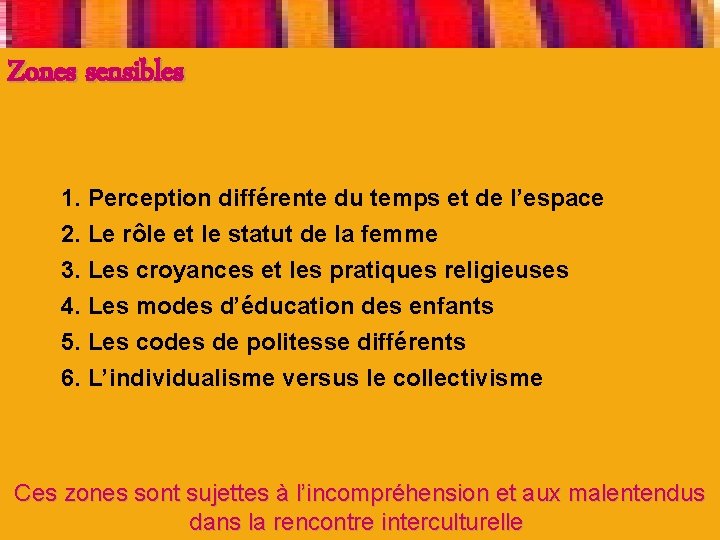 Zones sensibles 1. Perception différente du temps et de l’espace 2. Le rôle et