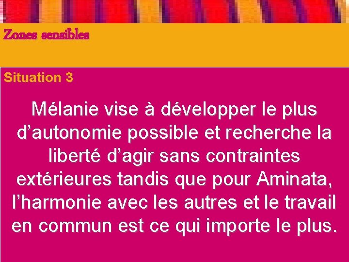 Zones sensibles Situation 3 1. Perception différente du temps et de l’espace 2. Le