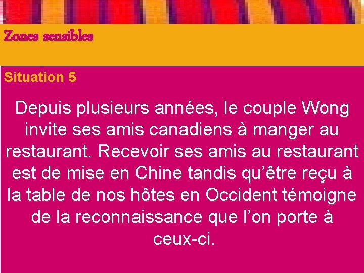 Zones sensibles Situation 5 1. Perception différente du temps et de l’espace Depuis plusieurs