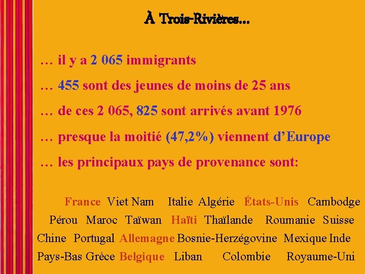 À Trois-Rivières… … il y a 2 065 immigrants … 455 sont des jeunes