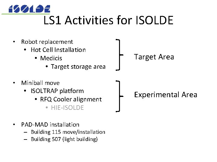 LS 1 Activities for ISOLDE • Robot replacement • Hot Cell Installation • Medicis