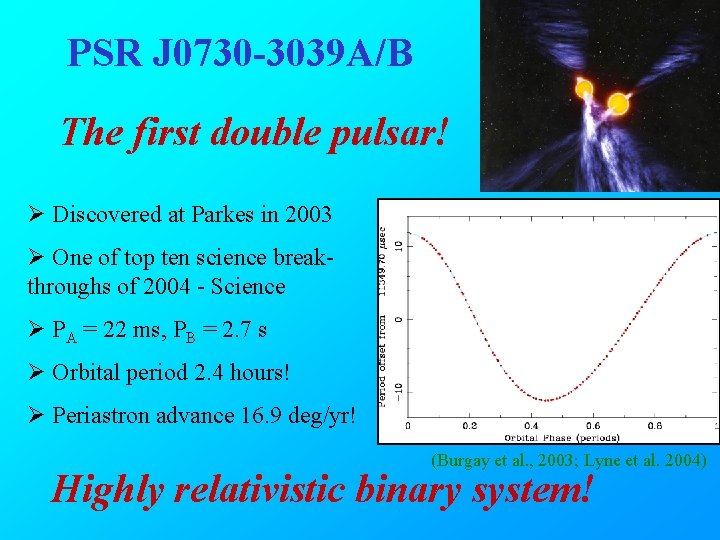 PSR J 0730 -3039 A/B The first double pulsar! Ø Discovered at Parkes in