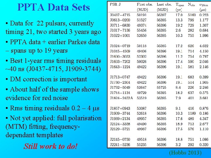 PPTA Data Sets • Data for 22 pulsars, currently timing 21, two started 3