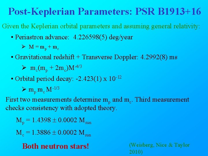 Post-Keplerian Parameters: PSR B 1913+16 Given the Keplerian orbital parameters and assuming general relativity: