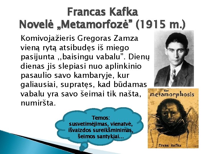 Francas Kafka Novelė „Metamorfozė” (1915 m. ) Komivojažieris Gregoras Zamza vieną rytą atsibudęs iš