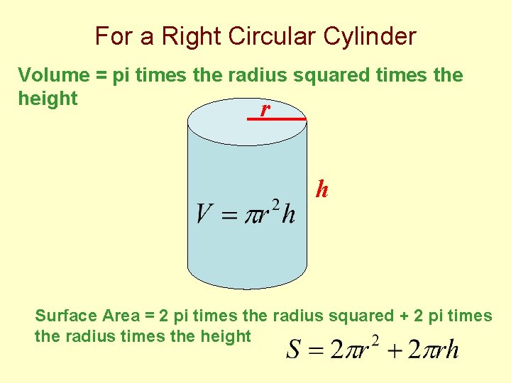 For a Right Circular Cylinder Volume = pi times the radius squared times the