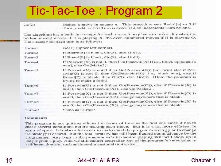 Tic-Tac-Toe : Program 2 15 344 -471 AI & ES Chapter 1 