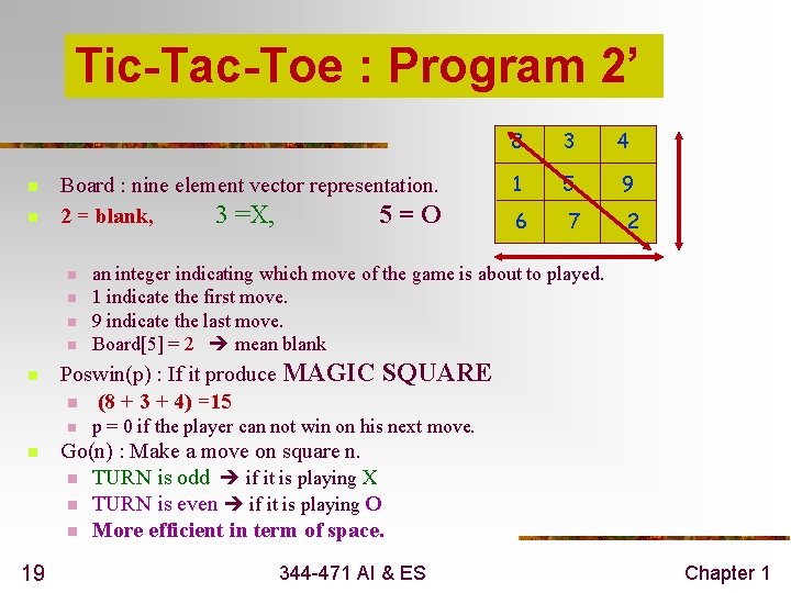 Tic-Tac-Toe : Program 2’ n n Board : nine element vector representation. 2 =