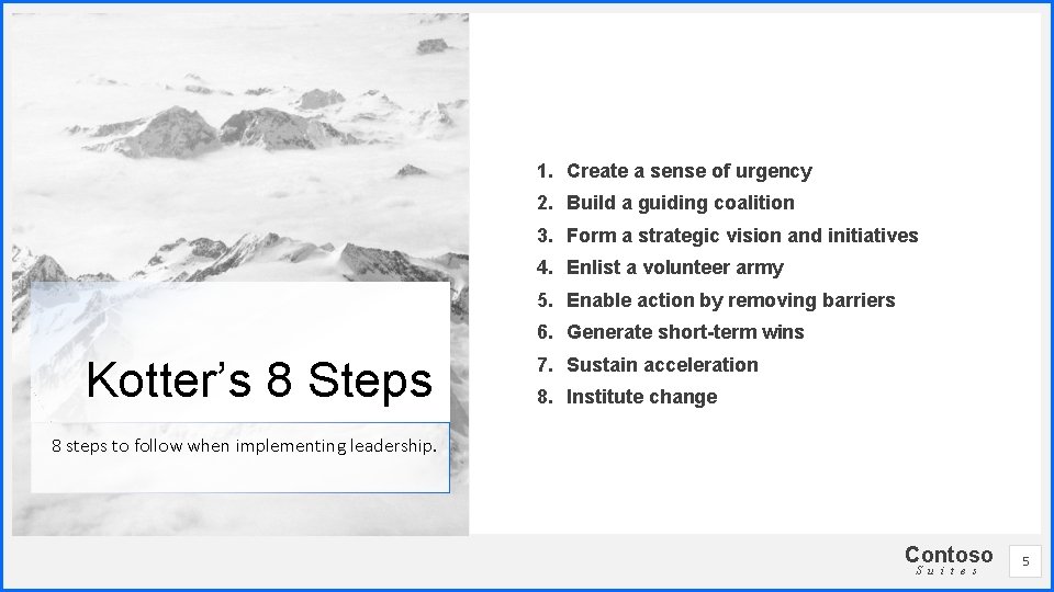 1. Create a sense of urgency 2. Build a guiding coalition 3. Form a