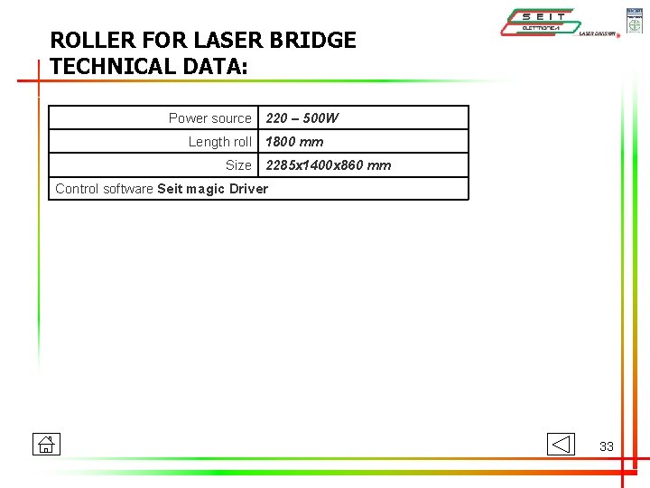 ROLLER FOR LASER BRIDGE TECHNICAL DATA: Power source 220 – 500 W Length roll