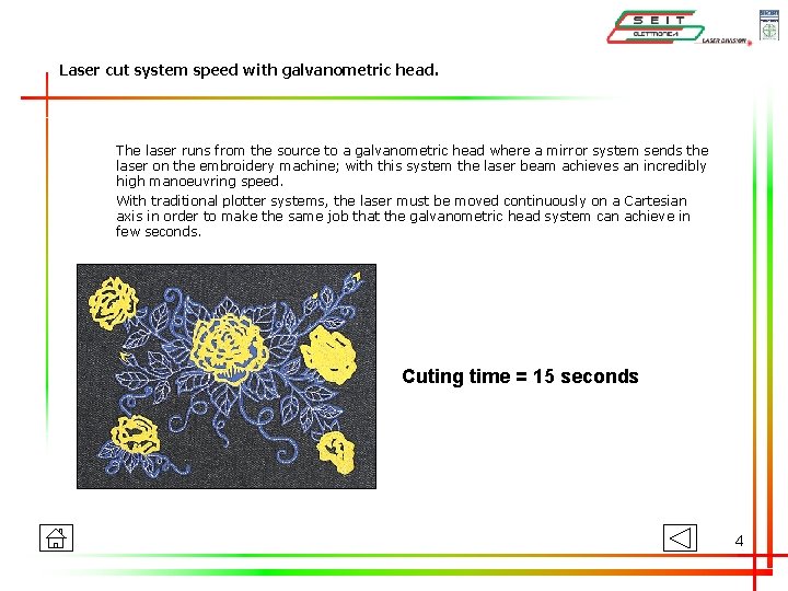 Laser cut system speed with galvanometric head. The laser runs from the source to