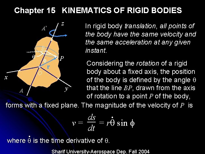 Chapter 15 KINEMATICS OF RIGID BODIES z A’ B q f In rigid body