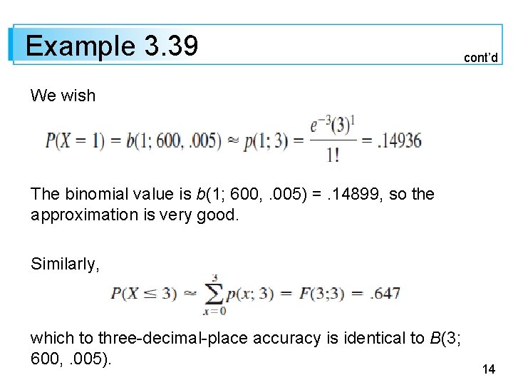 Example 3. 39 cont’d We wish The binomial value is b(1; 600, . 005)