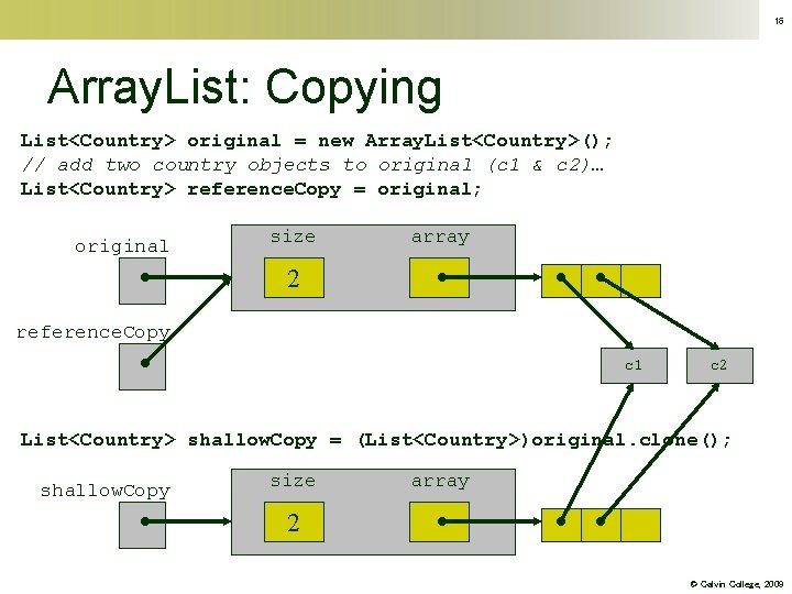 16 Array. List: Copying List<Country> original = new Array. List<Country>(); // add two country