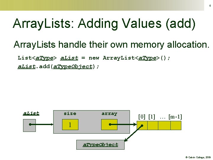 8 Array. Lists: Adding Values (add) Array. Lists handle their own memory allocation. List<a.