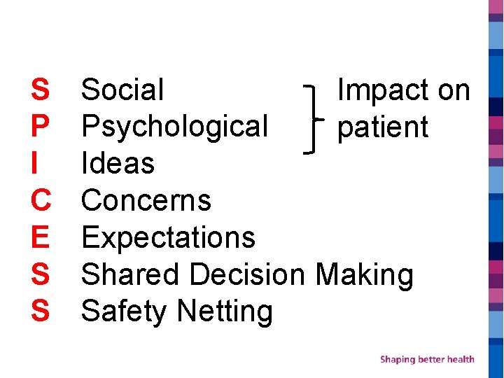 S P I C E S S Social Impact on Psychological patient Ideas Concerns