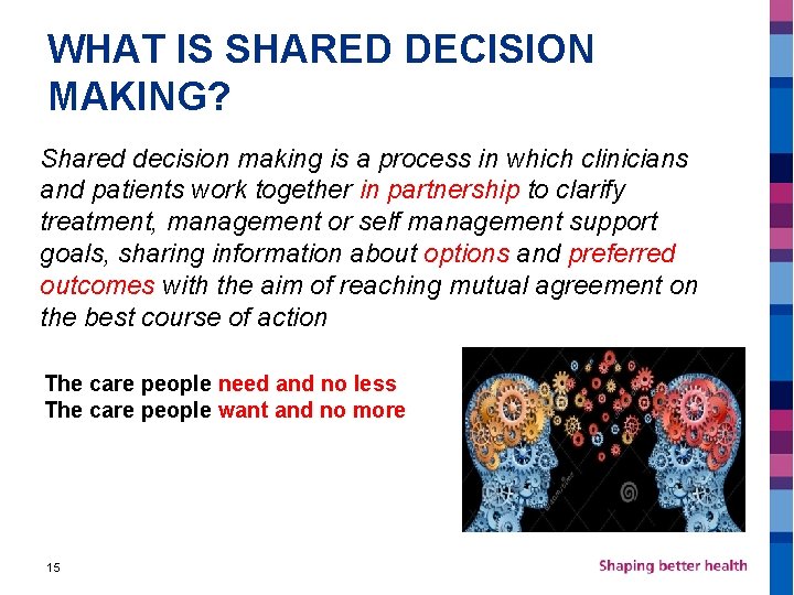 WHAT IS SHARED DECISION MAKING? Shared decision making is a process in which clinicians