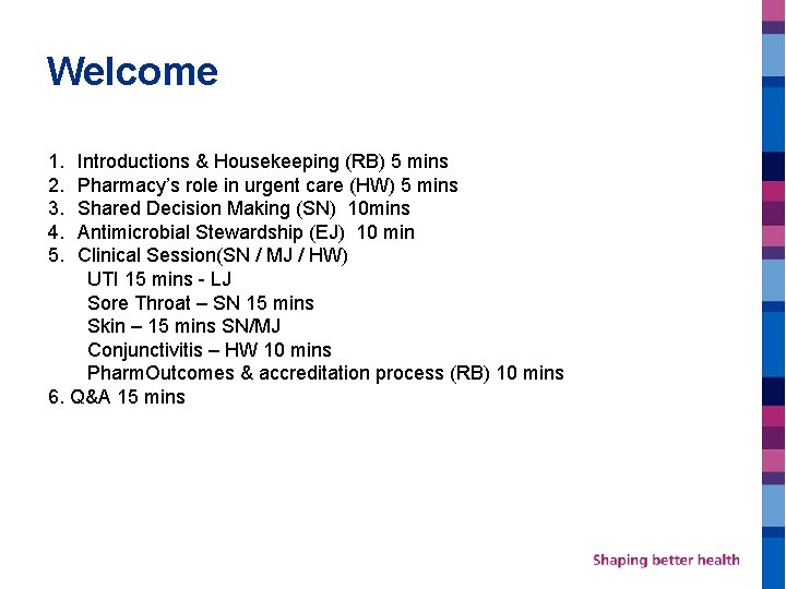 Welcome 1. 2. 3. 4. 5. Introductions & Housekeeping (RB) 5 mins Pharmacy’s role