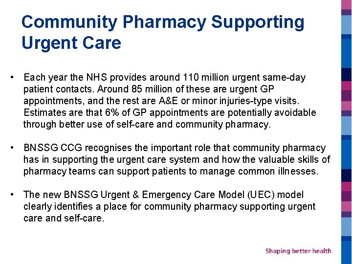 Community Pharmacy Supporting Urgent Care • Each year the NHS provides around 110 million