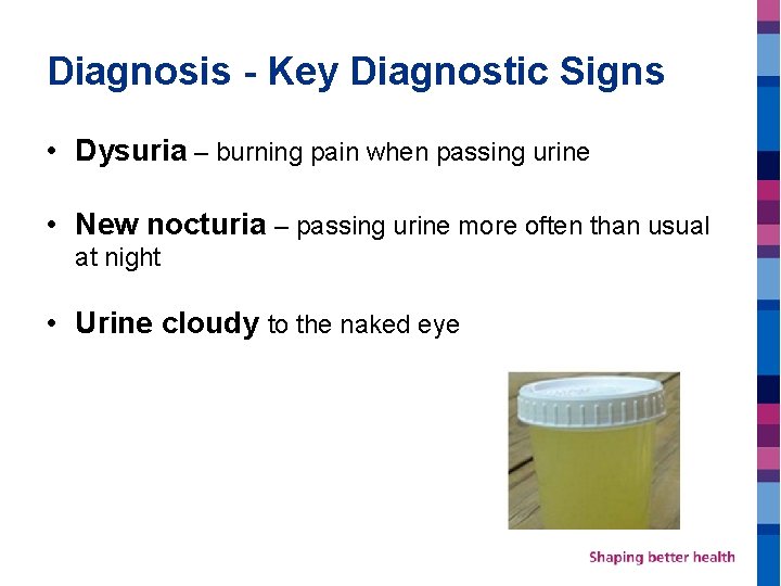 Diagnosis - Key Diagnostic Signs • Dysuria – burning pain when passing urine •