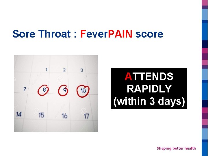 Sore Throat : Fever. PAIN score ATTENDS RAPIDLY (within 3 days) 