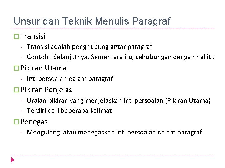 Unsur dan Teknik Menulis Paragraf � Transisi - Transisi adalah penghubung antar paragraf Contoh